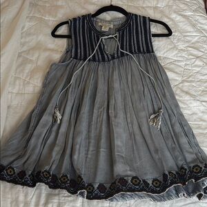 Rachel Zoe Blue Denim Look Embroidered Neck Tassle Top